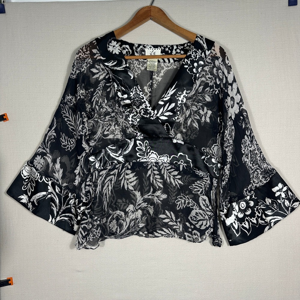 iCE Blouse Women L Black Silk Floral Sheer Bell Sleeve BROKEN ZIPPER